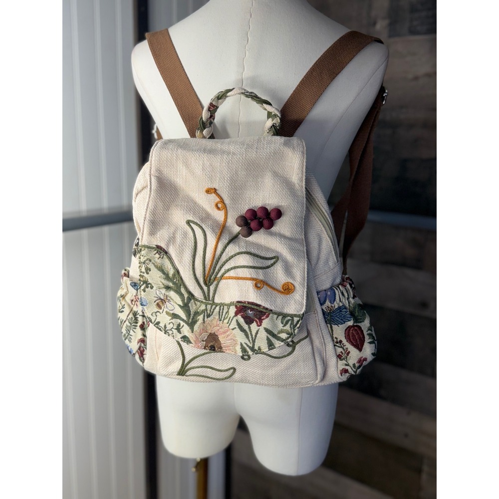 Floral Canvas Tapestry Mini Backpack Boho Embroidered Small Rucksack Cream